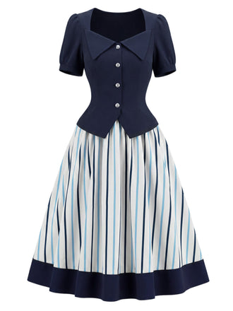 Blaues 50er Set mit Bluse und Streifenrock