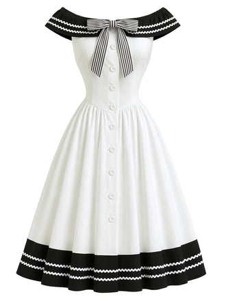 Schwarz-Weisses 50er Kleid mit Carmen-Ausschnitt