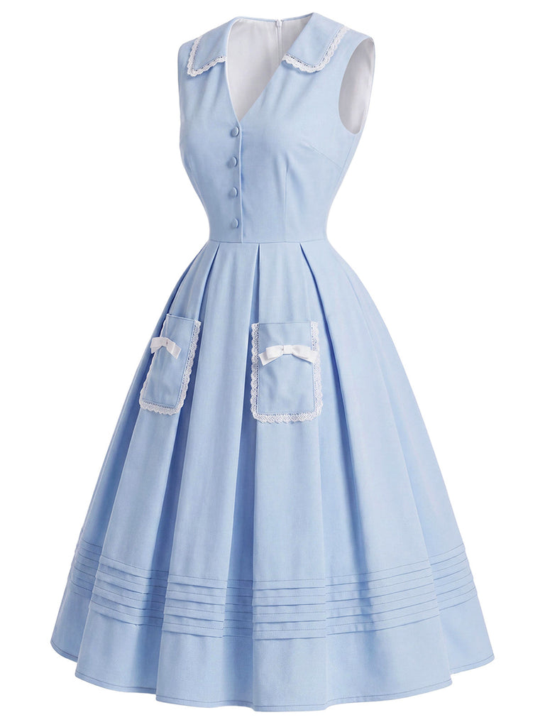 Blaues 50er Ärmelloses Kleid mit Schleife und Tasche