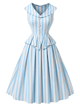 Blaues 50er Kleid mit Schalkragen und Streifen