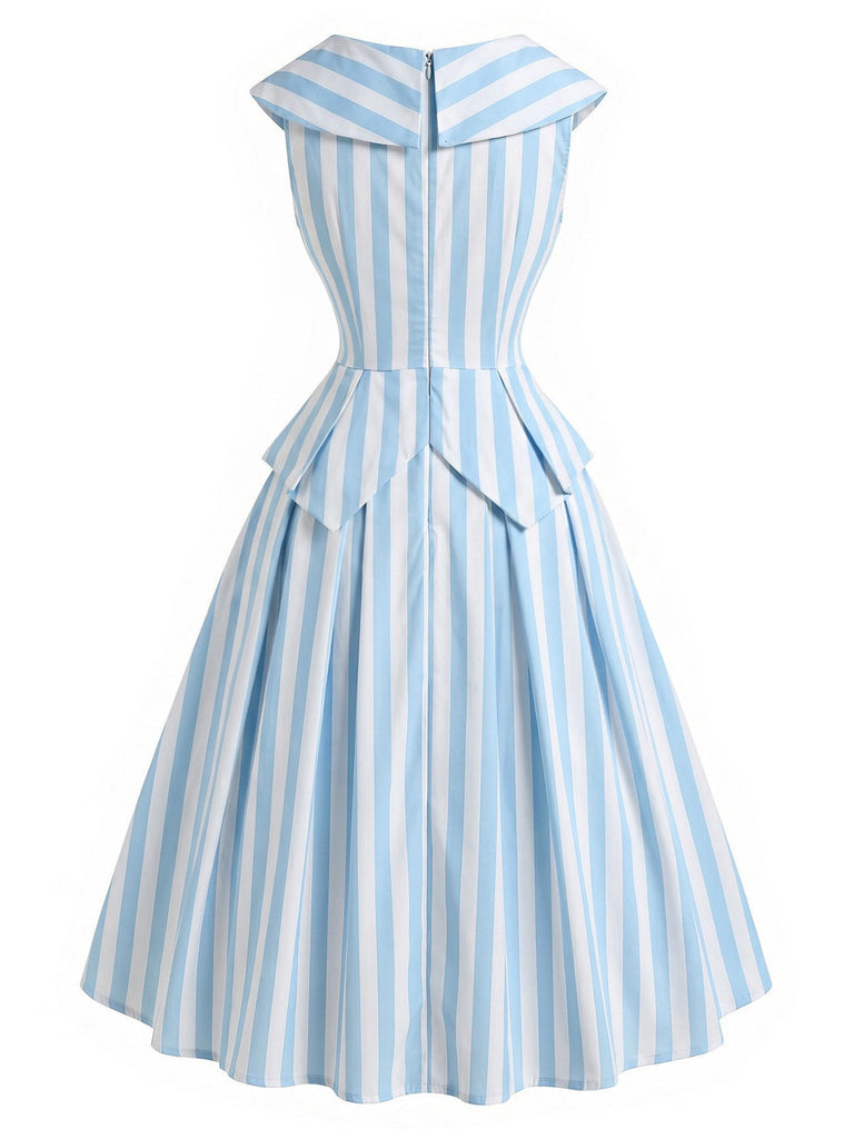 Blaues 50er Kleid mit Schalkragen und Streifen