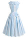 Blaues 50er Kleid mit Schalkragen und Streifen