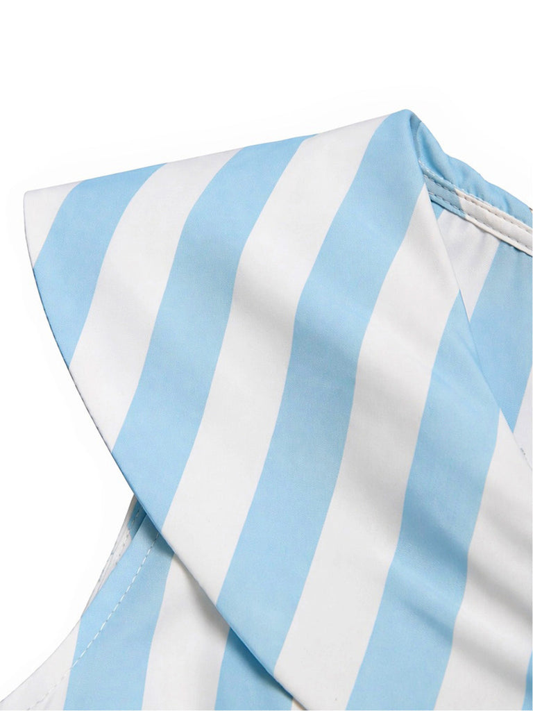 Blaues 50er Kleid mit Schalkragen und Streifen