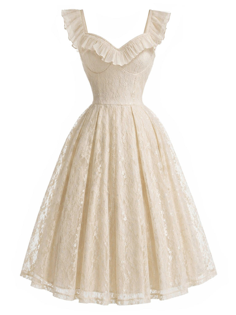 Creme 50er Spitzenkleid mit Herzausschnitt und Rüschen