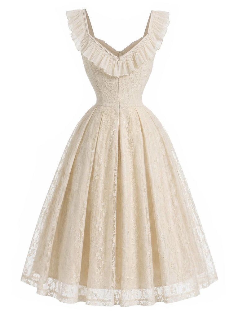 Creme 50er Spitzenkleid mit Herzausschnitt und Rüschen