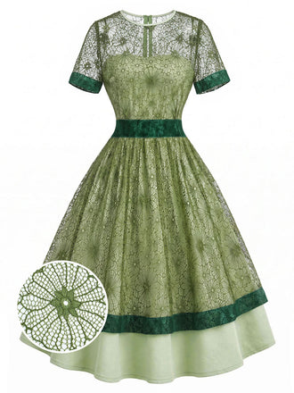 Grünes & Graues 40er Kleid mit Blumen und Patchwork