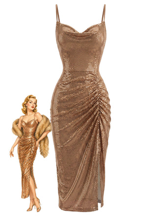 Goldenes 30er Kleid mit Pailletten und Raffung