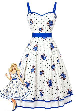 Weißes & Blaues 50er Swingkleid mit Polka-Dots und Blumen