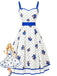 Weißes & Blaues 50er Swingkleid mit Polka-Dots und Blumen