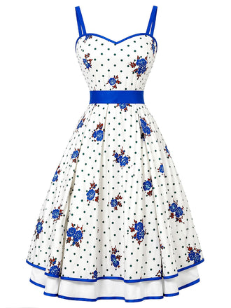 Weißes & Blaues 50er Swingkleid mit Polka-Dots und Blumen