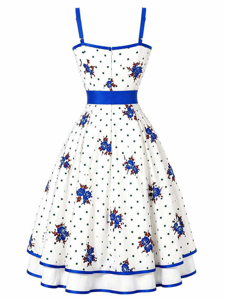 Weißes & Blaues 50er Swingkleid mit Polka-Dots und Blumen