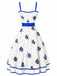 Weißes & Blaues 50er Swingkleid mit Polka-Dots und Blumen