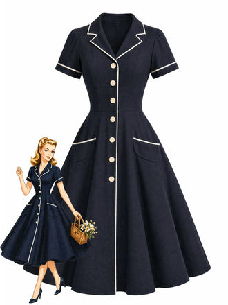 Blaues 50er Kleid mit Reverskragen und Kerbe