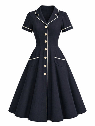 Blaues 50er Kleid mit Reverskragen und Kerbe