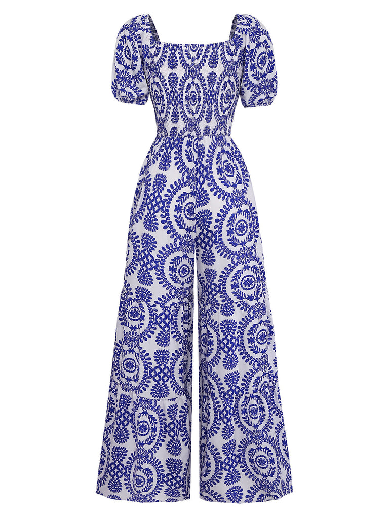 Blauer 50er Bohemian Jumpsuit mit Puffärmel und Rundhalsausschnitt