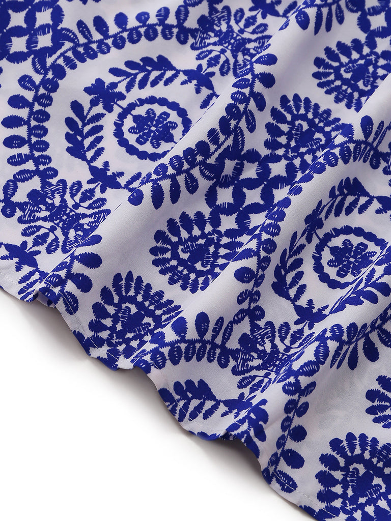 Blauer 50er Bohemian Jumpsuit mit Puffärmel und Rundhalsausschnitt