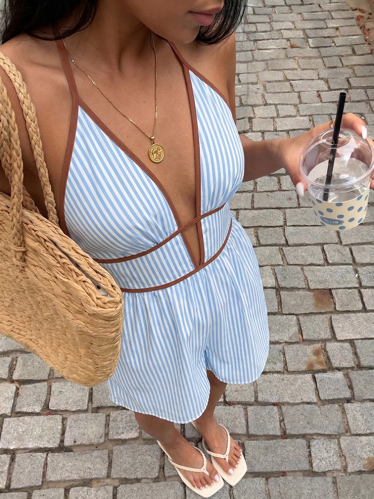 Blauer 50er Romper mit Neckholder und offenem Rücken
