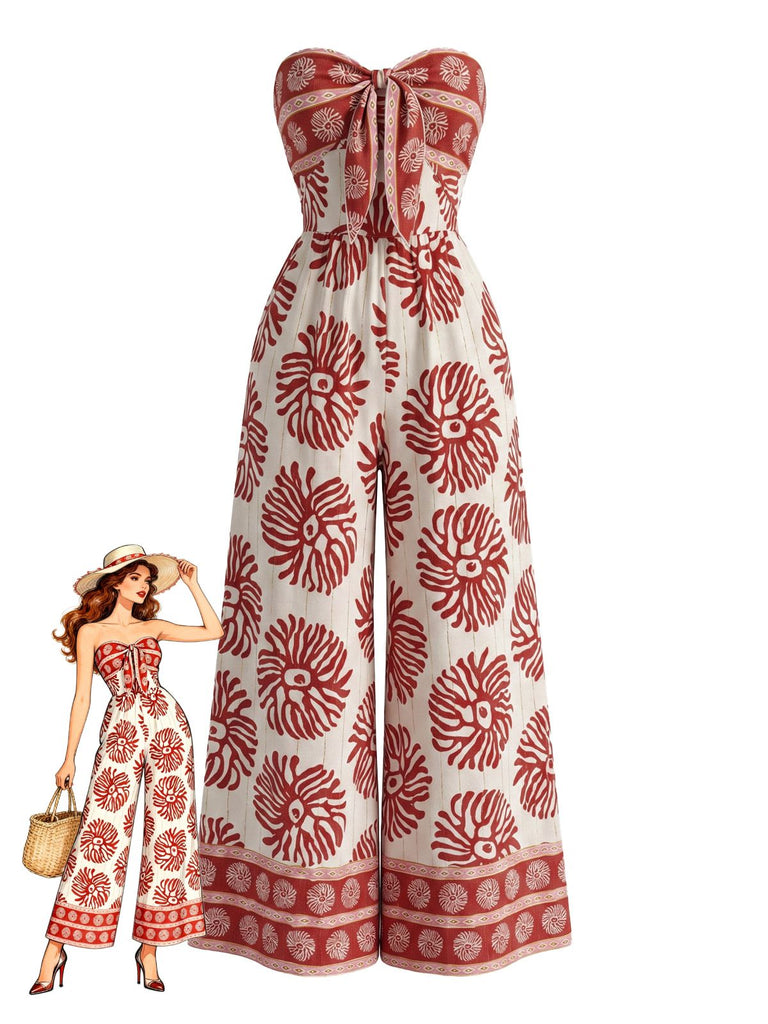 Roter 70er Trägerloser Jumpsuit mit Blumen-Print und Breit
