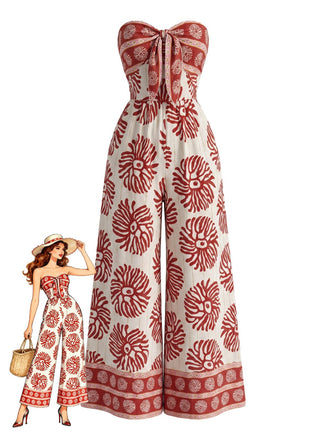 Roter 70er Trägerloser Jumpsuit mit Blumen-Print und Breit