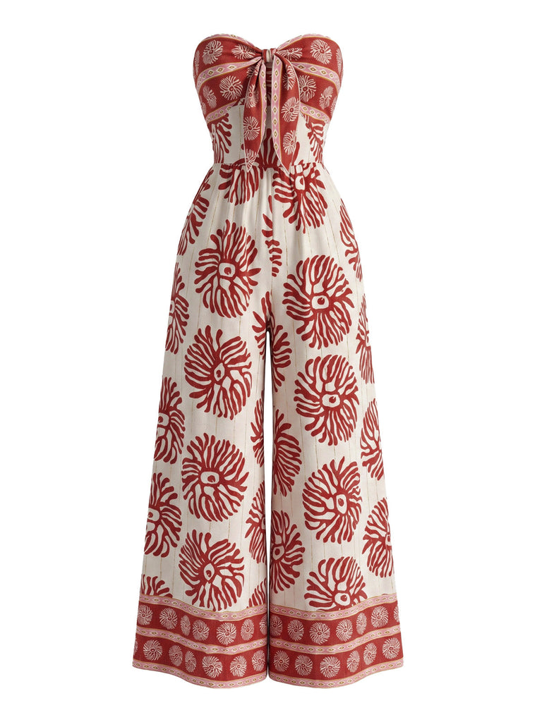 Roter 70er Trägerloser Jumpsuit mit Blumen-Print und Breit