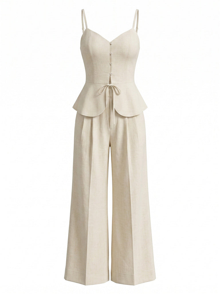 Beiges 50er 2PCS Top & Palazzo-Hose aus Baumwolle