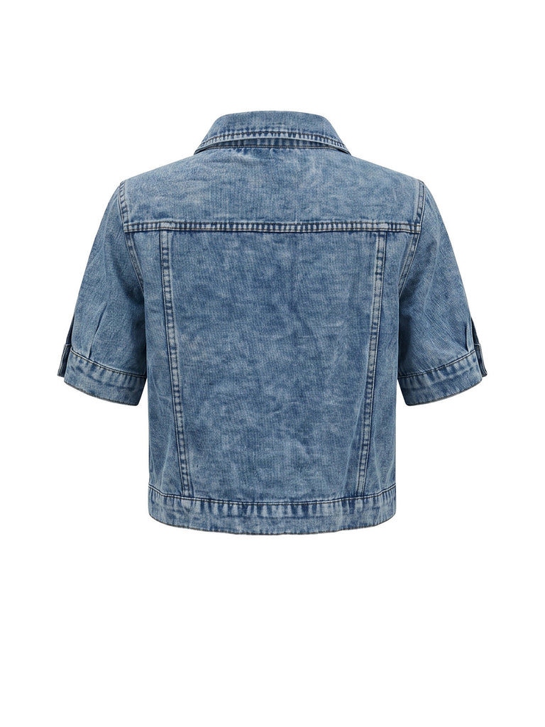 Blaue 50er Jeans-Jacke mit Reverskragen und Knopf