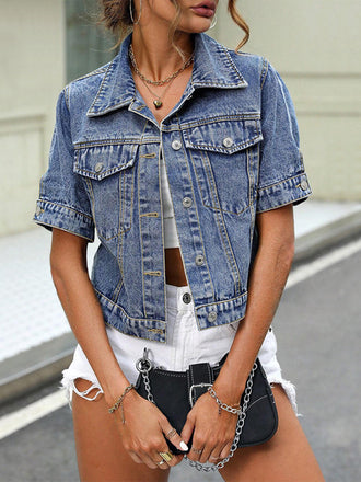Blaue 50er Jeans-Jacke mit Reverskragen und Knopf