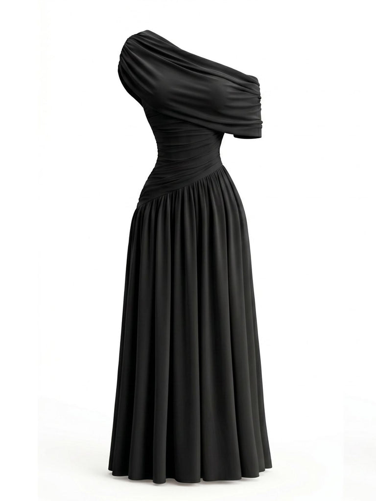 70er One-Shoulder Kleid mit Wickelausschnitt und Raffung