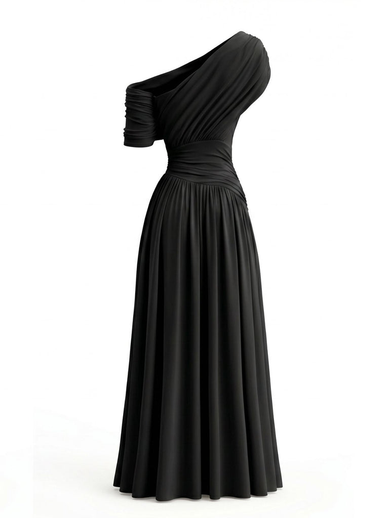 70er One-Shoulder Kleid mit Wickelausschnitt und Raffung