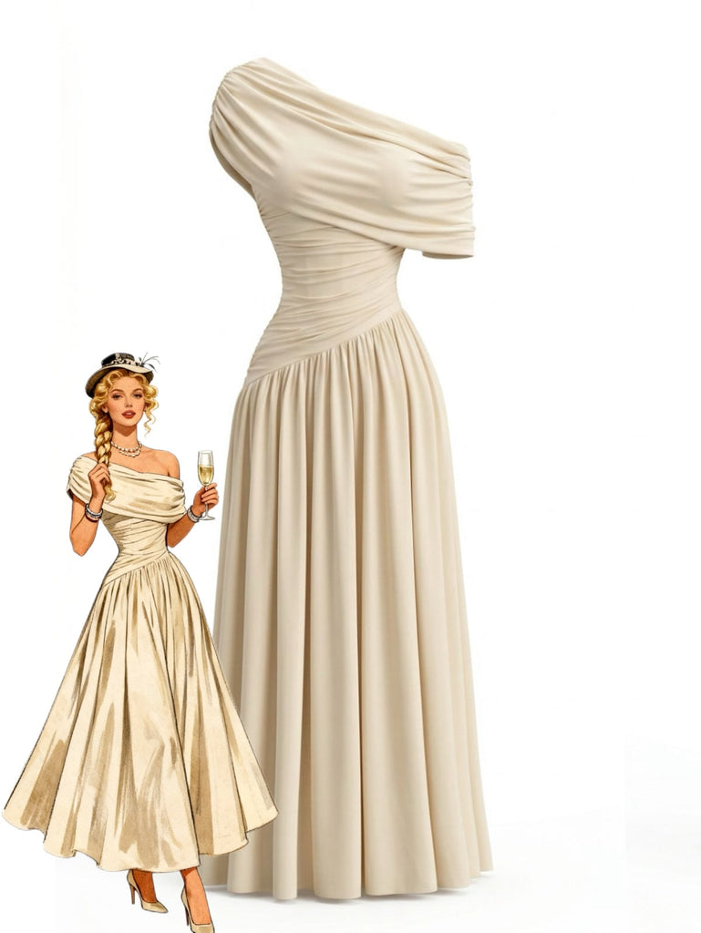 70er One-Shoulder Kleid mit Wickelausschnitt und Raffung