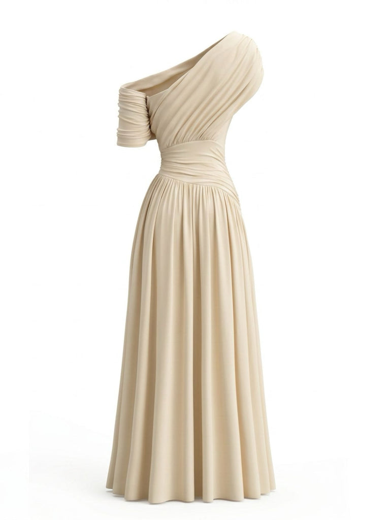 70er One-Shoulder Kleid mit Wickelausschnitt und Raffung