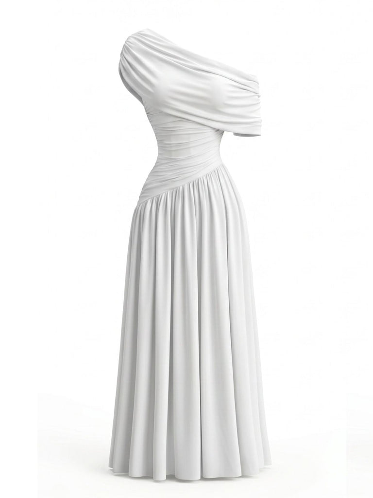 70er One-Shoulder Kleid mit Wickelausschnitt und Raffung