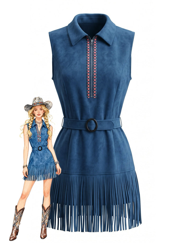 Marineblaues 70er Western-Kleid mit Fransen und Gürtel