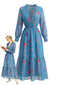 Blaues 70er Boho-Maxikleid mit Blumen und Rüschen-V-Ausschnitt