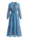 Blaues 70er Boho-Maxikleid mit Blumen und Rüschen-V-Ausschnitt