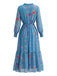 Blaues 70er Boho-Maxikleid mit Blumen und Rüschen-V-Ausschnitt