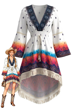 Weißes 70er Boho Kleid mit Paisley und Print