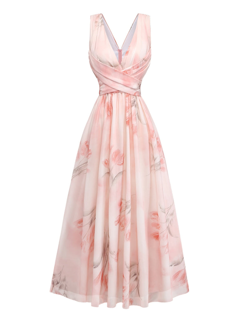 Rosa 50er Maxikleid mit V-Ausschnitt und Blumen