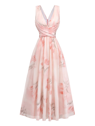 Rosa 50er Maxikleid mit V-Ausschnitt und Blumen