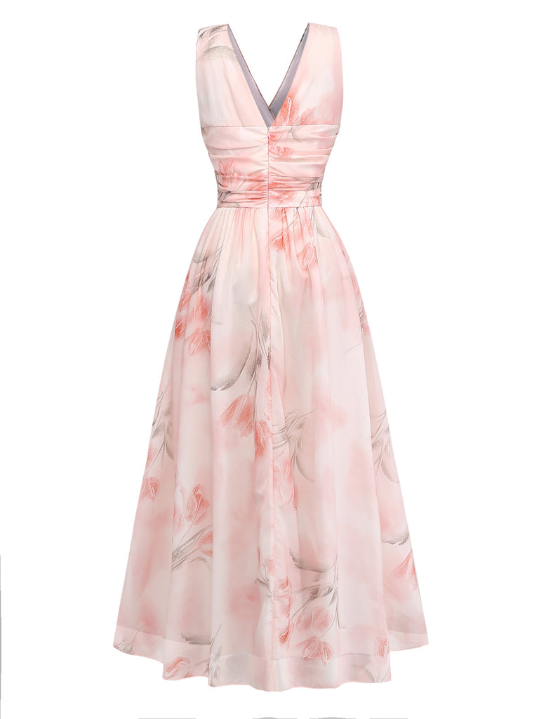 Rosa 50er Maxikleid mit V-Ausschnitt und Blumen