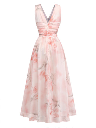 Rosa 50er Maxikleid mit V-Ausschnitt und Blumen