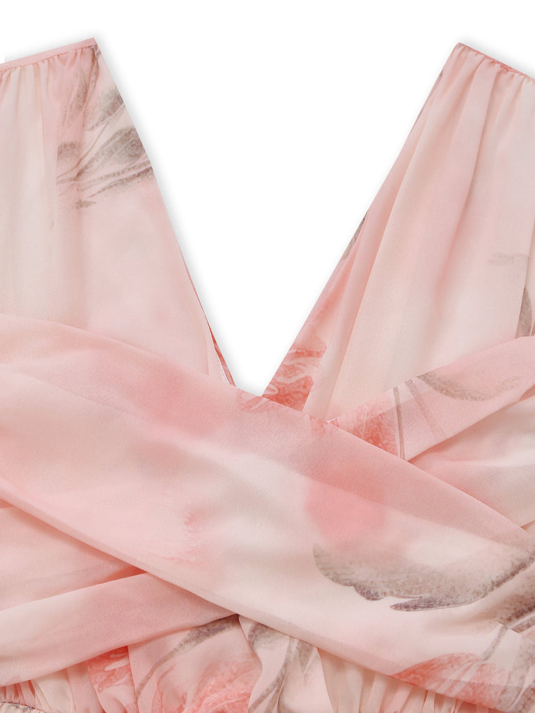 Rosa 50er Maxikleid mit V-Ausschnitt und Blumen