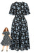 [Übergröße] Schwarzes & Blaues 60er Swingkleid mit Blumen und Kurzarm