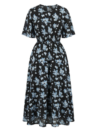 [Übergröße] Schwarzes & Blaues 60er Swingkleid mit Blumen und Kurzarm