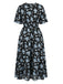 [Übergröße] Schwarzes & Blaues 60er Swingkleid mit Blumen und Kurzarm