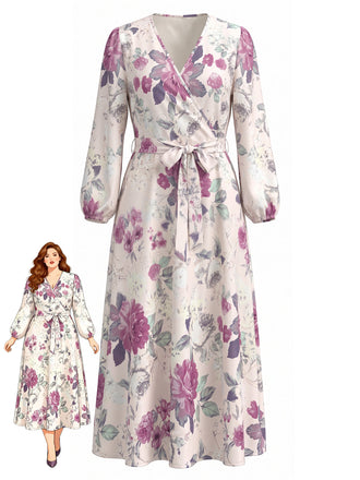 [Übergröße] 70er Wickelkleid mit V-Ausschnitt und Blumen