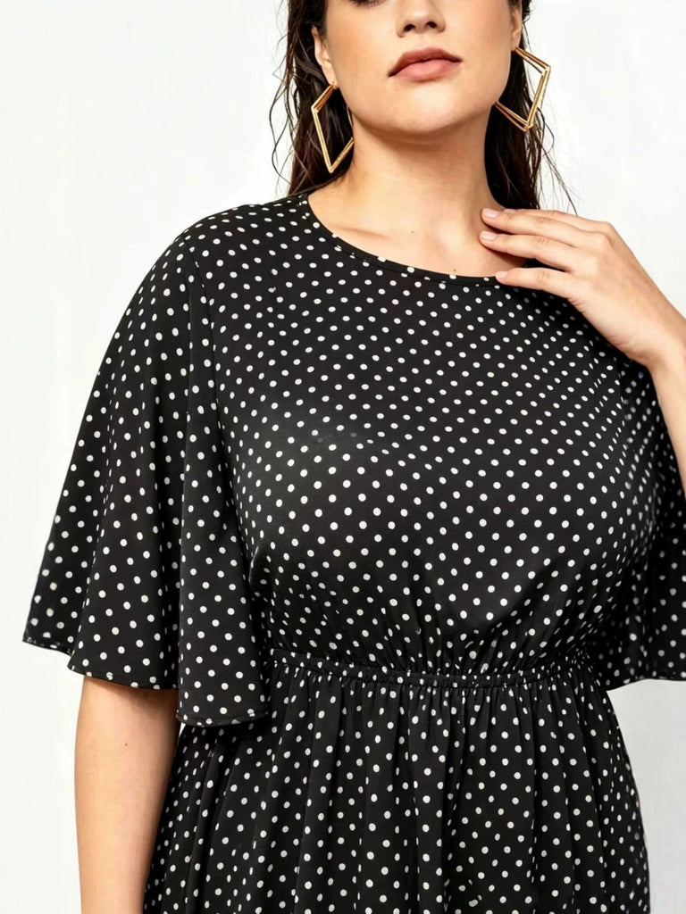[Übergröße] Schwarzes 60er Midikleid mit Polka-Dots und Runden