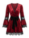 Rotes 70er Gothic-Kleid mit Spitzenbesatz und tiefem V-Ausschnitt