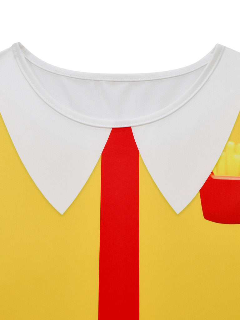Gelbes 70er Clownkleid mit Pommes-Tasche
