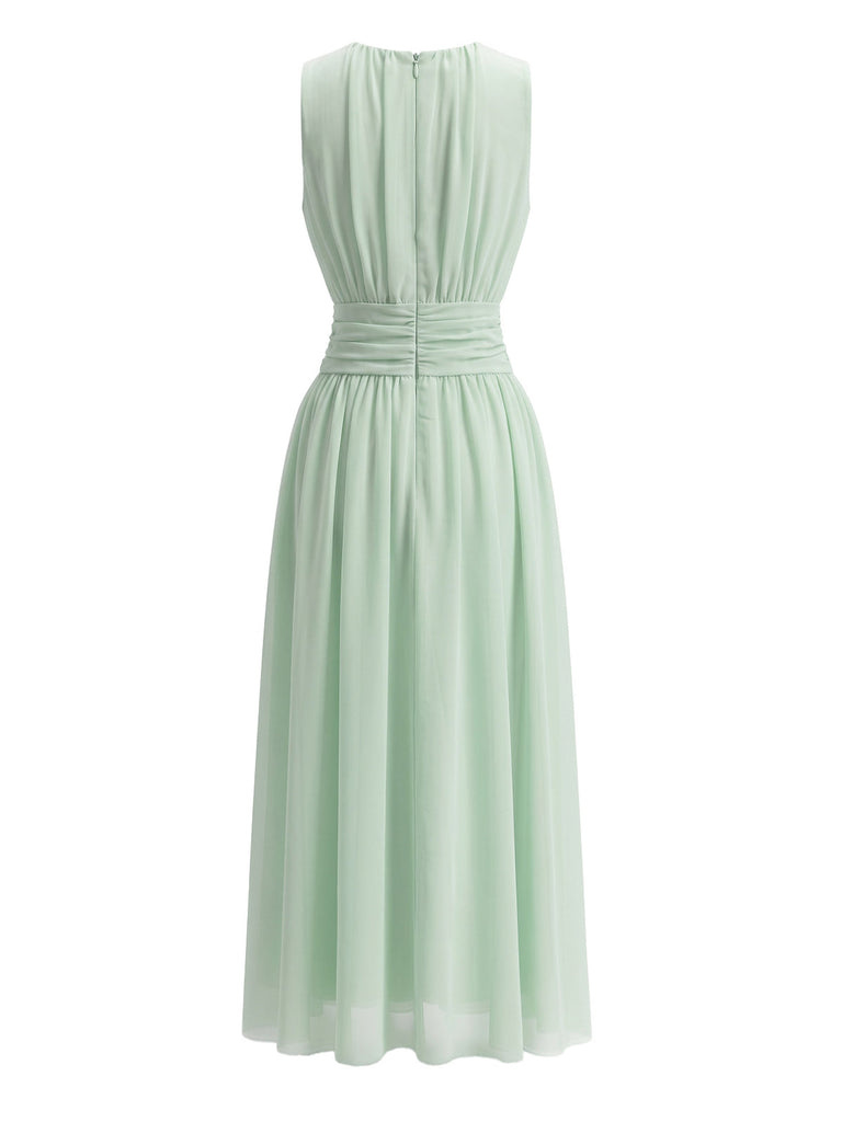 Grünes 40er Chiffon-Midikleid mit Rundhalsausschnitt
